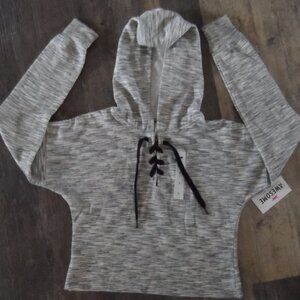 NWT Cropped Hoodie Gray & White with Black Tie-up Lace Sz Small